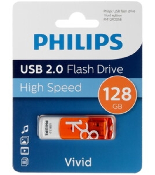 Флешка USB PHILIPS VIVID (FM12FD05B/97), 128Gb, USB 2.0, R/W 15/6, белый/желый