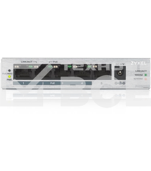 Коммутатор Zyxel GS1005HP Switch PoE +, 5xGE (4xPoE +), desktop, metal, silent, PoE budget 60 W