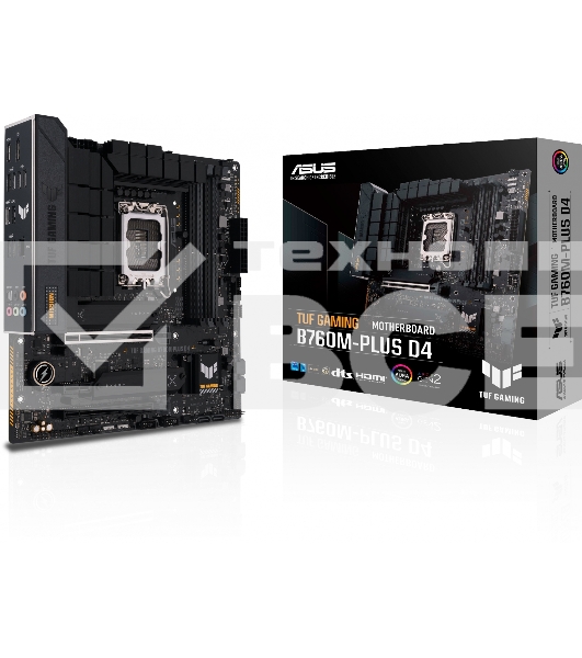 Материнская плата ASUS TUF GAMING B760M-PLUS D4, LGA1700, Intel B760, 4xDDR4, 4xSATA, 2xM.2, 1xPCIe 5.0 x16, 1xPCIe 4.0 x4, 1xPCIe 4.0 x1, 1xDP, 1xHDMI, 1x2.5Gb LAN, Wi-Fi, Bluetooth, 1xUSB-C 20Gbps, 4xUSB-A 10Gbps, 1xUSB-A 5Gbps, 2xUSB-A 2.0, 5x3.5 мм, 7