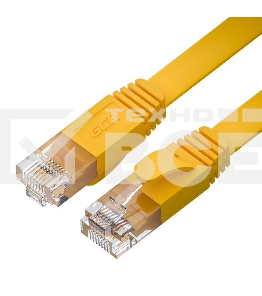 Патч-корд GCR PROF плоский прямой 15.0m, UTP медь кат.6, желтый, 30 AWG, ethernet high speed 10 Гбит/с, RJ45, T568B, GCR-52826