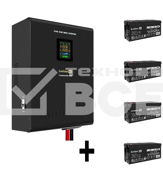 Комплект ИБП EX296005RUS + батарея 200Aч EX282991RUS 4шт (инвертор, синус, для котла, настенный) ExeGate FineSine SX-7000.LCD.AVR.2SH.T <7000VA/5000W, чистая синусоида, цветной LCD-дисплей, AVR, 2*Schuko+клеммы, линейно-интерактивный, крепление настенное,