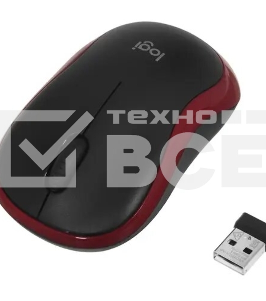 Мышь беспроводная Logitech M185, красный, 1000 dpi, радиоканал, USB, кнопки - 3
