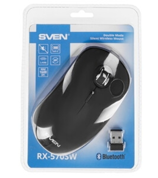 Мышь беспроводная SVEN RX-570SW черный, 1600 dpi, радиоканал, Bluetooth, USB, кнопки - 4