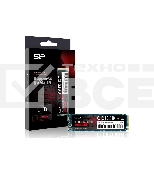 Накопитель SSD Silicon Power P34A80, 1Tb, PCIe 3.0 x4, M.2 2280, NVMe, R/W 3400/3000