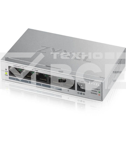 Коммутатор Zyxel GS1005HP Switch PoE +, 5xGE (4xPoE +), desktop, metal, silent, PoE budget 60 W