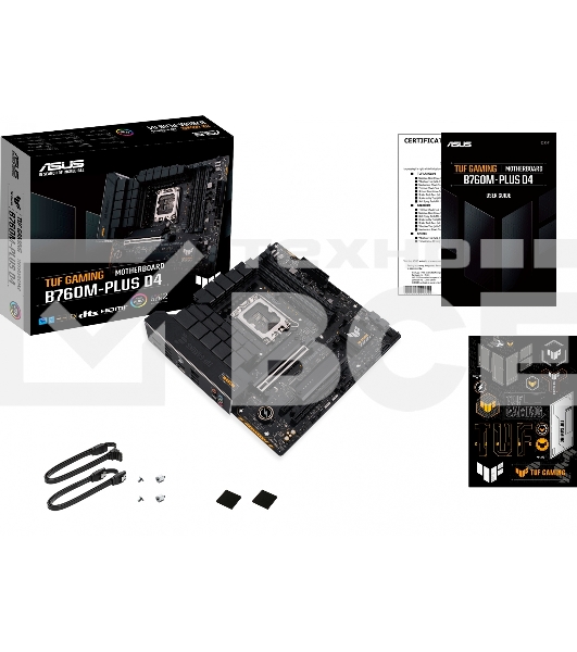 Материнская плата ASUS TUF GAMING B760M-PLUS D4, LGA1700, Intel B760, 4xDDR4, 4xSATA, 2xM.2, 1xPCIe 5.0 x16, 1xPCIe 4.0 x4, 1xPCIe 4.0 x1, 1xDP, 1xHDMI, 1x2.5Gb LAN, Wi-Fi, Bluetooth, 1xUSB-C 20Gbps, 4xUSB-A 10Gbps, 1xUSB-A 5Gbps, 2xUSB-A 2.0, 5x3.5 мм, 7