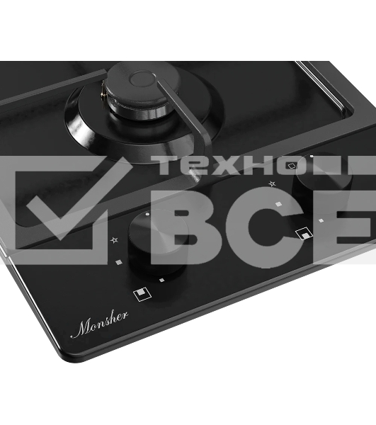 Варочная поверхность MONSHER MSG 33 Noir, газ, High-Tech, 29 см, автоматический электроподжиг, газ-контроль, форсунки под сжиженый газ, SABAF конфорки, чугунные решетки, цвет черный