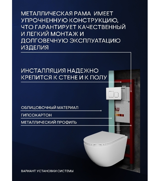 Комплект BAU 6 в 1: инсталляция BAU PRO для подвесного унитаза, унитаз подвесной безободковый торнадо обратного потока Bau Dream 52х36 Hurricane-5, сиденье быстросъемное микролифт, кнопка смыва BAU Soul, белая