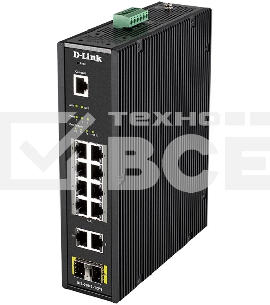 КоммутаторD-Link DIS-200G-12PS/A1A, L2 Managed Industrial Switch with 10 10/100/1000Base-T and 2 1000Base-X SFP ports (8 PoE ports 802.3af/802.3at (30 W), PoE Budget 123 W)8K Mac address, 802.3x Flow Control,
