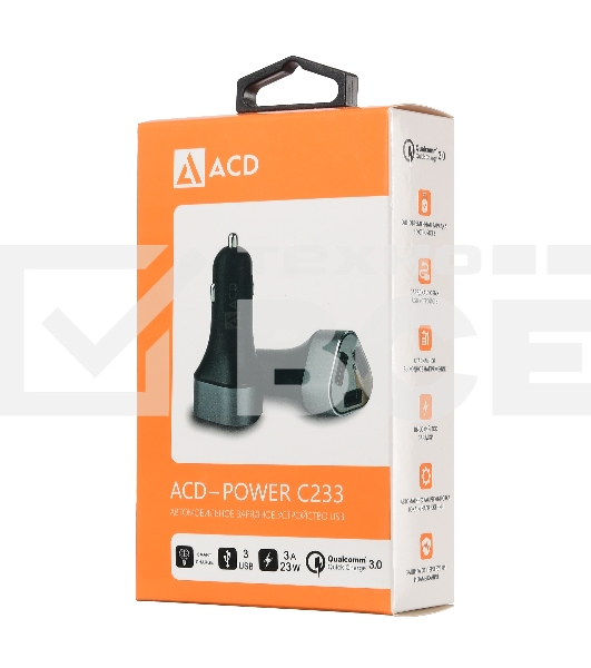 Автомобильная зарядное устройство ACD ACD-C233-X3B черный 23Вт, 3xUSB 1QC+2Smart, 3.6~12В, 3А RTL {120}