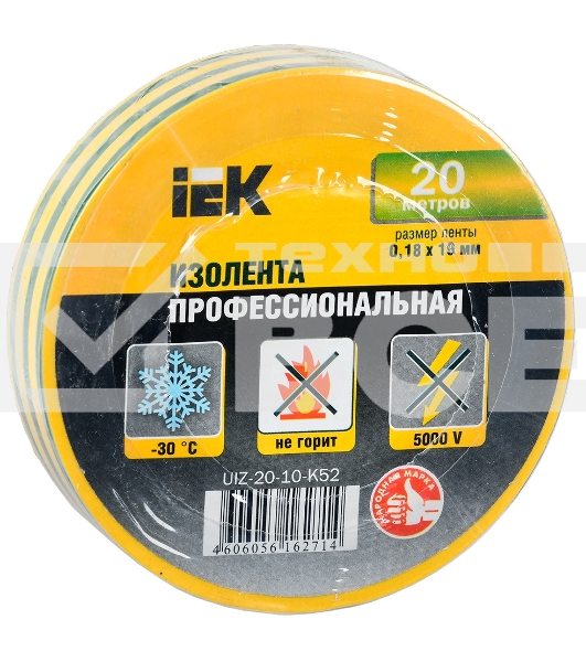 Изолента Iek UIZ-20-10-K52 0,18х19 мм желто-зеленая 20 метров ИЭК
