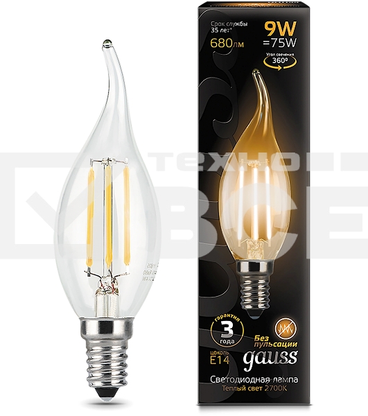 Лампа светодиодная Filament Свеча на ветру E14 9Вт 2700К Gauss 104801109