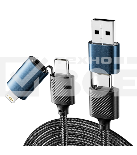 Кабель Rexant 4в1 USB-A, Type-C, Type-C, Lightning 65Вт, 1м, в черной нейлоновой оплетке