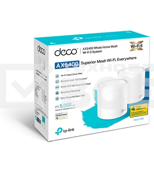 Система TP-Link Mesh AX3000 Whole Home Wi-Fi System, Wi-Fi 6, 2402Mbps (4 streams) at 5GHz and 574Mbps (2 streams) at 2.4GHz, 2 Gigabit ports of each unit, support OFDMA, MU-MIMO, 802.11k/v/r seamless roaming, support WPA3, HomecareTM system, easy setup a