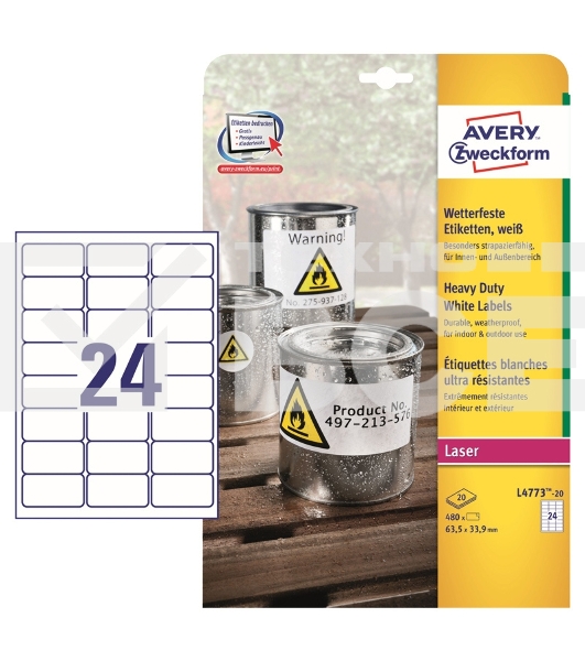 Этикетки Avery Zweckform L4773-20 A4 33.9x63.5мм 24шт на листе/196г/м2/20л./белый самоклей. для лазерной печати