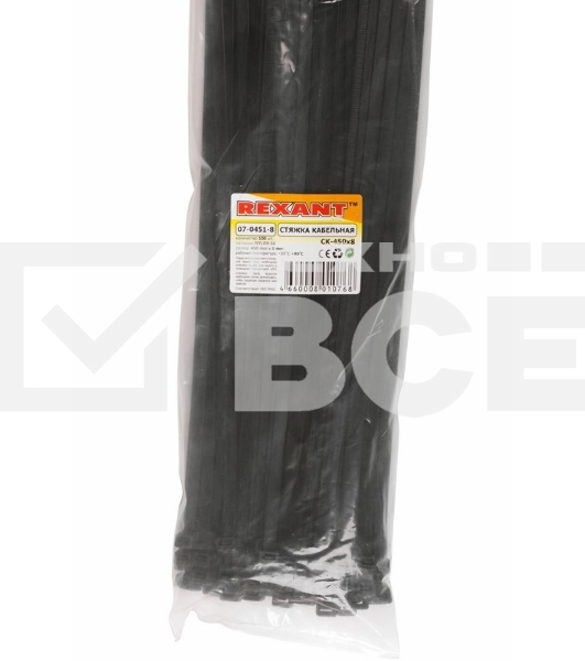 Хомут-стяжка кабельная нейлоновая Rexant 450 x7,6 мм, черная, упаковка 100 шт.