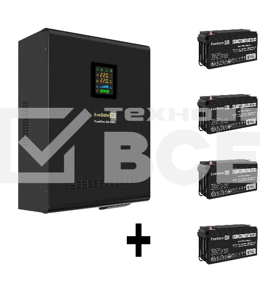 Комплект ИБП EX296003RUS + батарея 65Aч EX282980RUS 4шт (инвертор, синус, для котла, настенный) ExeGate FineSine SX-3000.LCD.AVR.2SH.T <3000VA/2100W, чистая синусоида, цветной LCD-дисплей, AVR, 2*Schuko+клеммы, линейно-интерактивный, крепление настенное, 