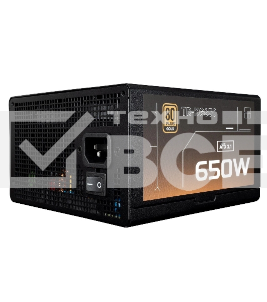 Блок питания Thermalright, 650W 80+ Gold (ATX, 3.1, Full modular, 1x24(20+4)pin, 2xCPU 8(4+4)pin, 2xPCIe*2 8(6+2)pin, 3xSATA3, 2xMOLEX4pin, Active, 120x120mm, 150x140x86mm, APFC, OVP, UVP, SCP, OCP, OTP, OPP, black)