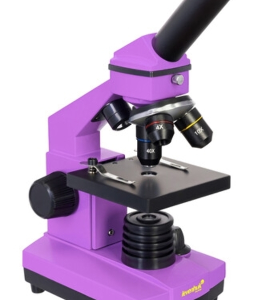 Микроскоп Levenhuk RAINBOW 2L AMETHYST/Аметист Микроскоп с предметным столиком, трехгнездным револьвером, фокусировочным механизмом, двумя источниками света с регулировкой яркости Монокулярная насадка Объективы: 4х, 10х, 40х, Увеличение микроскопа: 64-640x