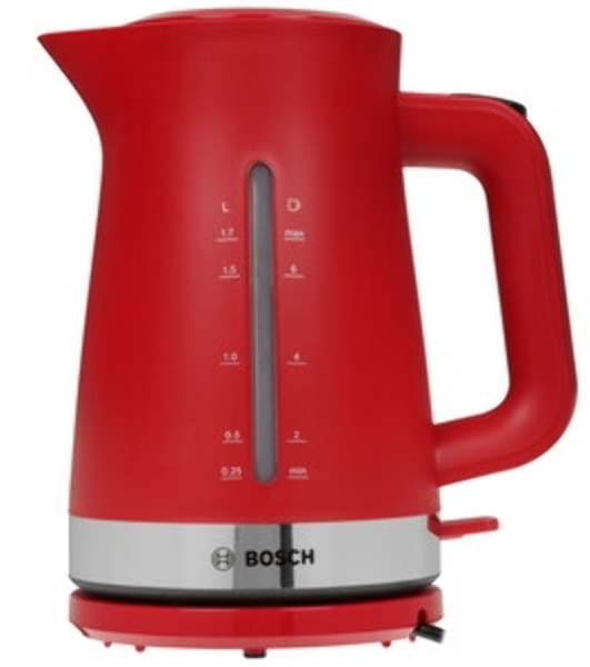 Электрочайник Bosch TWK4M224 красный, 1.7 л, 2200 Вт, скрытый нагревательный элемент