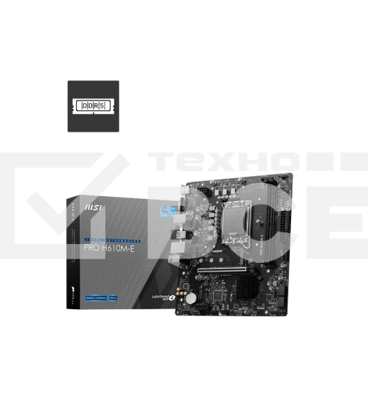 Материнская плата MSI PRO H610M-E, LGA 1700, Intel H610, 2xDDR5, 4xSATA, 1xM.2, 1xPCIe 4.0 x16, 1xPCIe 4.0 x1, 1xHDMI, 1xVGA, 1xRJ45 1Gb, 2xUSB-A 3.2 Gen 1, 4xUSB-A 2.0, 3x3.5мм, 7.1, mATX