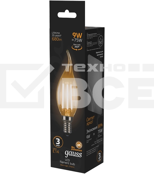 Лампа светодиодная Filament Свеча на ветру E14 9Вт 2700К Gauss 104801109