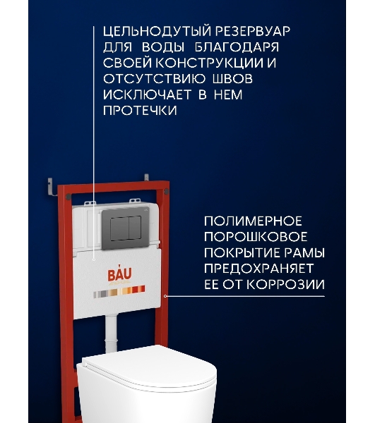 Инсталляция с унитазом комплект BAU PRO 6 в 1: унитаз подвесной безободковый торнадо Bau Hotel 53х36, быстросъемное сиденье микролифт, кнопка смыва BAU Stil Gun Grey,темно-серый металлик