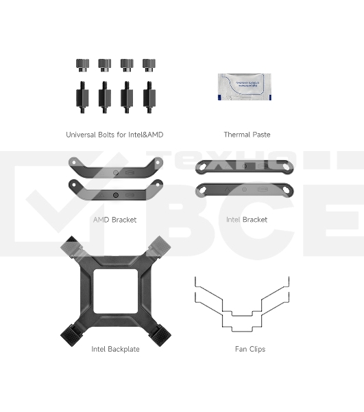 Кулер для процессора/ PCCooler RT500 Digital BK (240W, 4-pin PWM, LED temp., 152mm, Al/Cu, 5x6mm, 1x120mm, 73.32CFM, 34.9dBA, 2200RPM, S: 1851/1700/1200/115X, AM5/AM4, black)