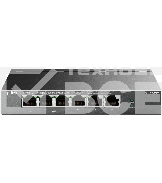 Коммутатор TP-Link 4-port 10/100Mbps Unmanaged PoE+ Switch with 2 10/100Mbps uplink ports, meta case, desktop mount, 4 802.3af/at compliant PoE+ port, 2 10/100Mbps uplink ports, DIP switches for Extend mode, Isolation mode and Priority mode, up to 250m Po