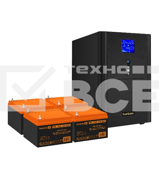 Комплект ИБП EX295990RUS + батарея 26Aч EX285663RUS 4шт (инвертор, синус, для котла) ExeGate SineTower SZ-3000.LCD.AVR.3SH.1C13.RJ.USB <3000VA/2400W, чистый синусоида, LCD дисплей, AVR, 3*Schuko+1*C13, RJ45/11, USB, линейно-интерактивный, Black> + батарея