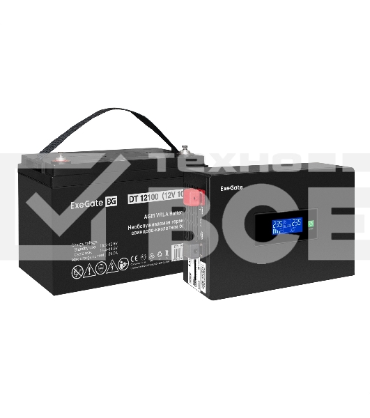 Комплект ИБП EX295992RUS + батарея 100Aч EX282985RUS 1шт (инвертор, синус, для котла, PF=1, настенный) ExeGate IdealSine SR-600.LCD.2SH <600VA/600W, чистая синусоида, цветной LCD-дисплей, 2*Schuko, крепление настенное, Black> + батарея ExeGate DT 12100 (1