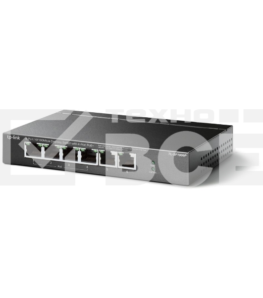 Коммутатор TP-Link 4-port 10/100Mbps Unmanaged PoE+ Switch with 2 10/100Mbps uplink ports, meta case, desktop mount, 4 802.3af/at compliant PoE+ port, 2 10/100Mbps uplink ports, DIP switches for Extend mode, Isolation mode and Priority mode, up to 250m Po