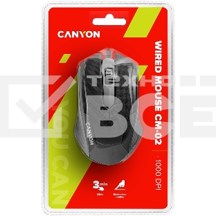 Мышь проводная Canyon CM-02 черный, 1000 dpi, USB, кнопки - 3