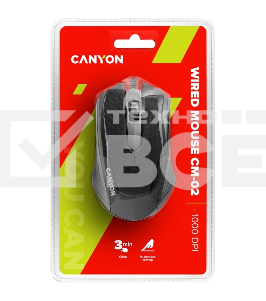 Мышь проводная Canyon CM-02 черный, 1000 dpi, USB, кнопки - 3