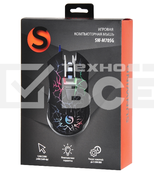 Мышь проводная SunWind SW-M705G черный, 3600 dpi, USB, кнопки - 6