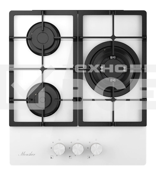 Варочная поверхность Monsher MGG 43 Blanc, газ, High-Tech, 45 см, автоматический электроподжиг, газ-контроль, форсунки под сжиженый газ, SABAF конфорки, чугунные решетки, белый
