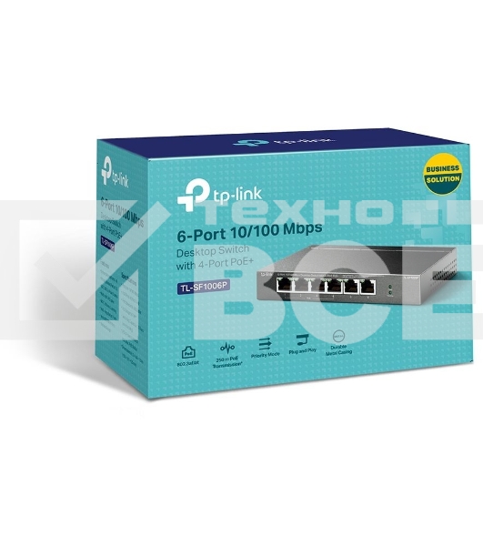 Коммутатор TP-Link 4-port 10/100Mbps Unmanaged PoE+ Switch with 2 10/100Mbps uplink ports, meta case, desktop mount, 4 802.3af/at compliant PoE+ port, 2 10/100Mbps uplink ports, DIP switches for Extend mode, Isolation mode and Priority mode, up to 250m Po