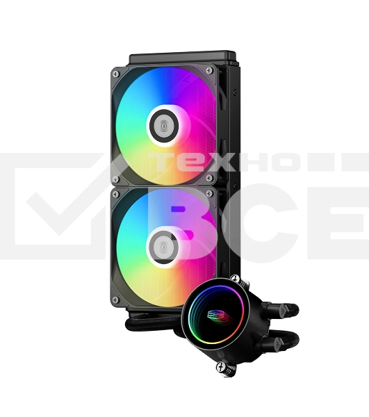 Система охлаждения PCCooler DA240 ARGB BK (270W, 240mm, Black, ARGB/ Fans: 2x120mm, 73.6CFM, -dBA, 1800RPM/ Pump height 55mm, -dBA, 3000RPM, Rad thickness 27mm/ S: 1851, 1700, 1200, 20XX, 115X, AM5, AM4)