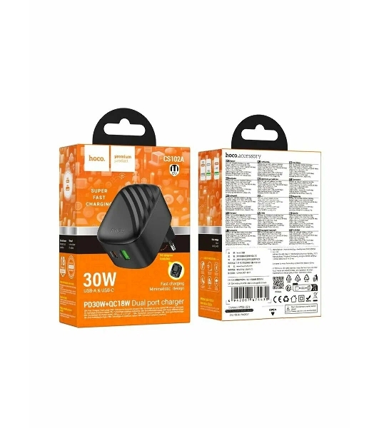 Зарядное устройство Hoco 30Вт, 3А, QC3.0/PD, 1xUSB, 1xType-C, CS102A, черный, коробка