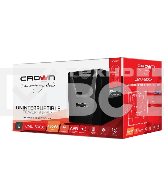 Источник бесперебойного питания Crown CMU-500X (480 ВА/240 Вт; Off-Line; 1 х Euro + 1 х IEC-320 резервным питанием и фильтрацией; 12V/4,5AH х 1; пластик)