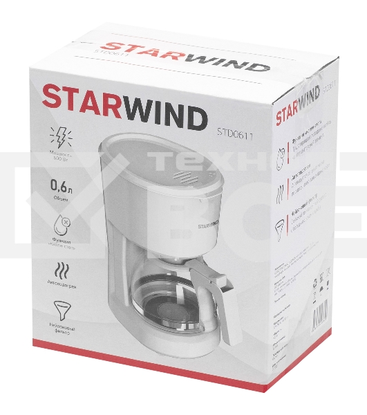 Кофеварка капельная Starwind STD0611 белый, исп. кофе - молотый, 0.6 л, 600 Вт.