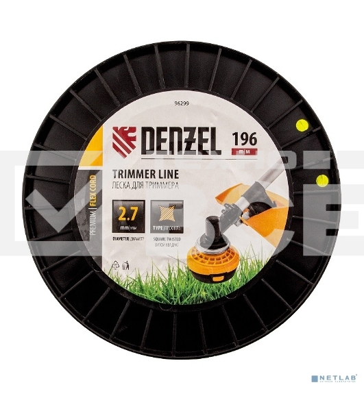 Леска для триммера Denzel витой квадрат, 2,7мм х 196м, на DIN катушке FLEX CORD