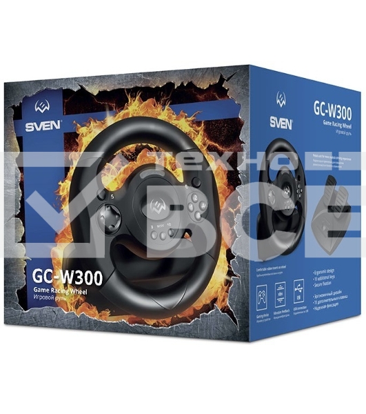 Руль SVEN GC-W300 (педали, вибро, лепестки, D-pad, 10 кл, резин. вставки, PC, цифр. и аналог.
