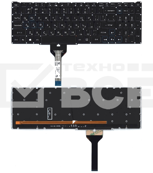 Клавиатура для ноутбука Acer Nitro 5 AN517-41 черная с подсветкой (узкий шлейф, синие буквы)