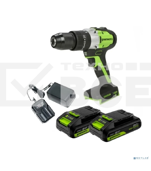 Дрель-шуруповерт аккумуляторная Greenworks GD24DD60 ударная аккумуляторная, 24V, бесщеточная, 30/60Нм,2х2Ач,ЗУ,кор 3704107CUC