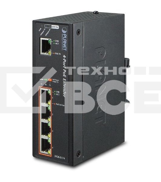 IPOE-E174 индустриальный PoE экстендер IP30 Industrial 1-Port 60W Ultra POE to 4-Port 802.3af/at Gigabit POE Extender (-40 to 75 C)