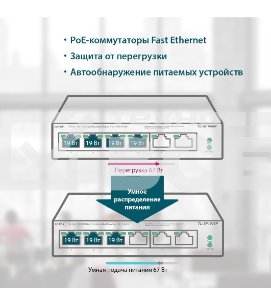 Коммутатор TP-Link 4-port 10/100Mbps Unmanaged PoE+ Switch with 2 10/100Mbps uplink ports, meta case, desktop mount, 4 802.3af/at compliant PoE+ port, 2 10/100Mbps uplink ports, DIP switches for Extend mode, Isolation mode and Priority mode, up to 250m Po