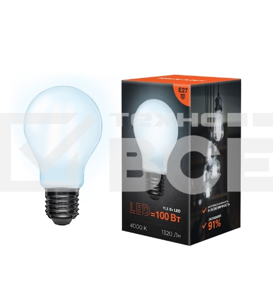 Лампа светодиодная филаментная Rexant Груша A60 11.5 Вт 1320 Лм 4000K E27 матовая колба