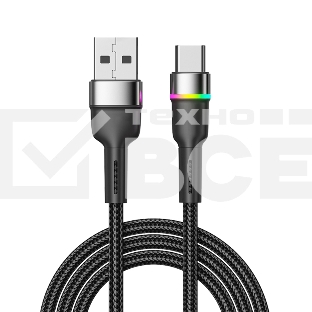 Кабель Rexant USB-A - Type-C, 3А, 18Вт, 1м, в черной нейлоновой оплетке, с LED подсветкой
