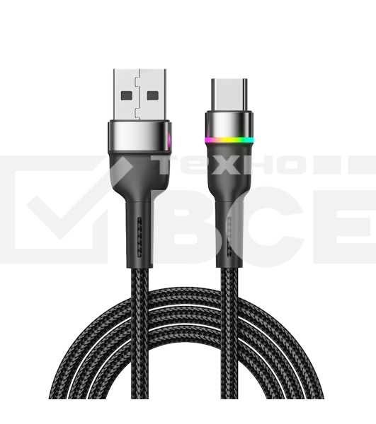 Кабель Rexant USB-A - Type-C, 3А, 18Вт, 1м, в черной нейлоновой оплетке, с LED подсветкой